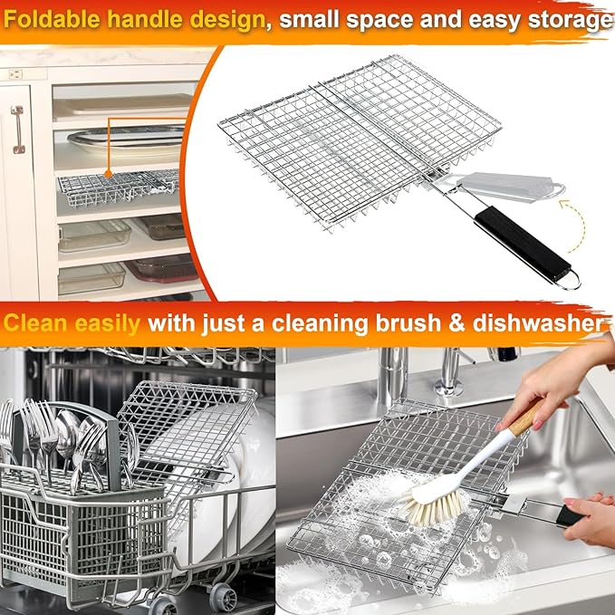 Grill Basket for Outdoor Grill, Stainless Steel Grilling Basket with Foldable Handle, Portable BBQ Cooking Rack for Fish, Vegetables, Shrimp, Chicken - Includes BBQ Skewers 6pcs,Basting Brush,Scrub Sponge-Upgrade