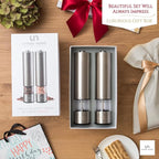 Electric Salt and Pepper Grinder Set - Stainless Steel Battery Operated Salt & Pepper Mills with Light (Pack of 2) - Automatic One Handed Operation Adjustable Ceramic Grinders