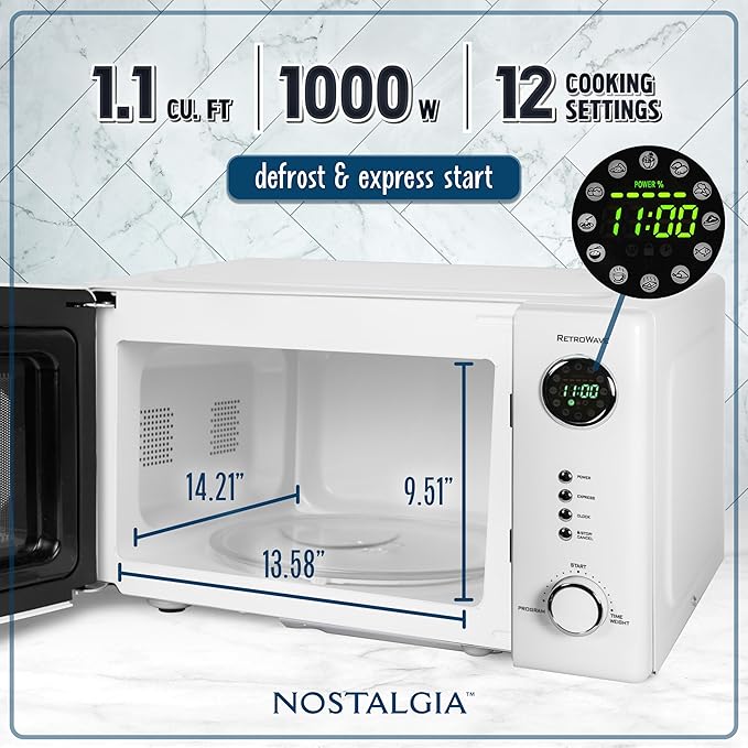 Nostalgia NRMO11WH6A 1000 Watt Power Retro Countertop Microwave Oven Easy to Clean with Removable Glass Turntable-Child Safety Lock-12 Programs-Digital Clock, 1.1 Cu. Ft, White