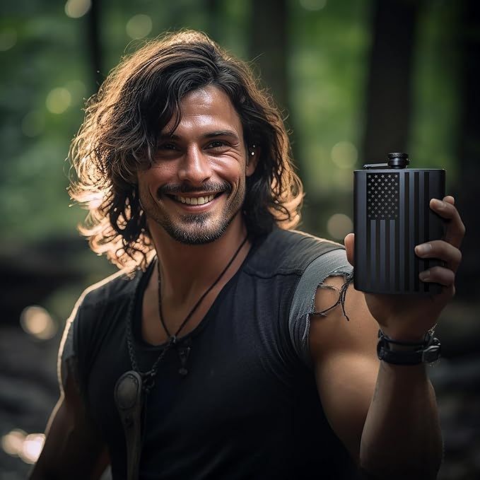 American Flag Liquor Flask - Perfect Holiday Gift for Men, Women, Fathers, or Hard to Shop for People - 304 Stainless Steel Hip Flask (Matte Black, Bonus Funnel, 8 Ounces)