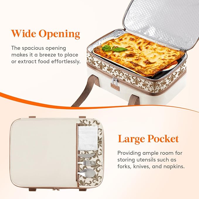Lifewit Double Decker Casserole Carrier for Hot or Cold Food, Insulated Casserole Baking Dish Bag Food Carrier, Lasagna Holder for Potluck/Parties/Picnic/Cookouts, Fits 9"x13" Baking Dish, Cream