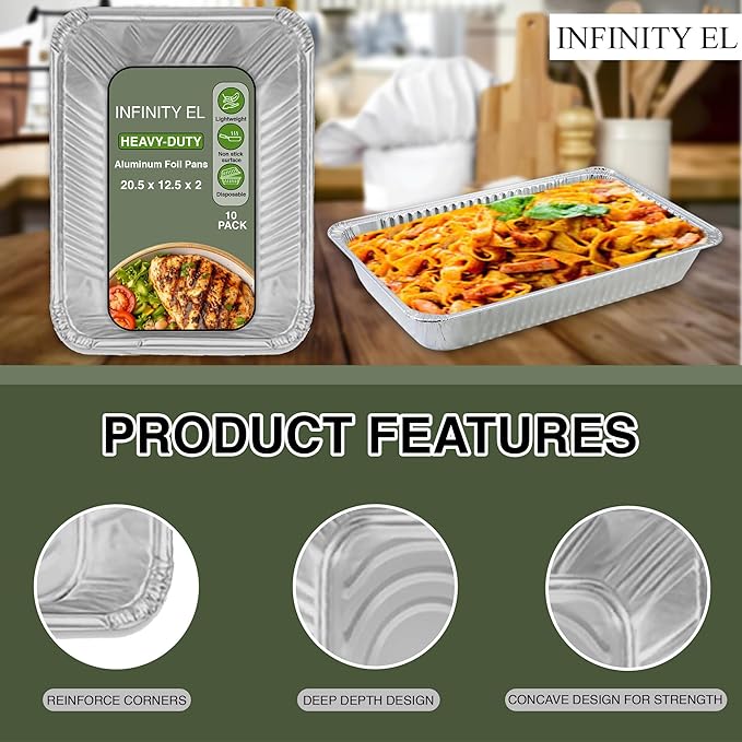 INFINITY EL Disposable Aluminum Foil Pans 10 Pack | Full Size Shallow 20.5" x 12.5" x 2" Heavy Duty Foil Pan | Aluminum Baking Pans for Roasting Turkey, Lasagna, Thanksgiving, Christmas, Parties