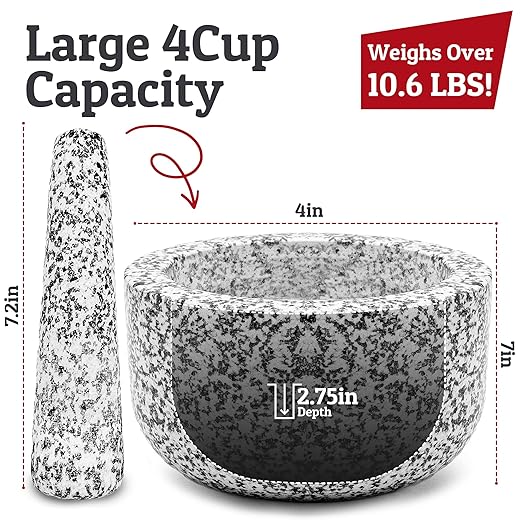 PriorityChef Heavy Duty Natural Granite Mortar and Pestle Set, 4 Cup Carved from Natural Granite, Make Fresh Guacamole, Stone Grinder Bowl, Herb Crusher, Spice Grinder, White