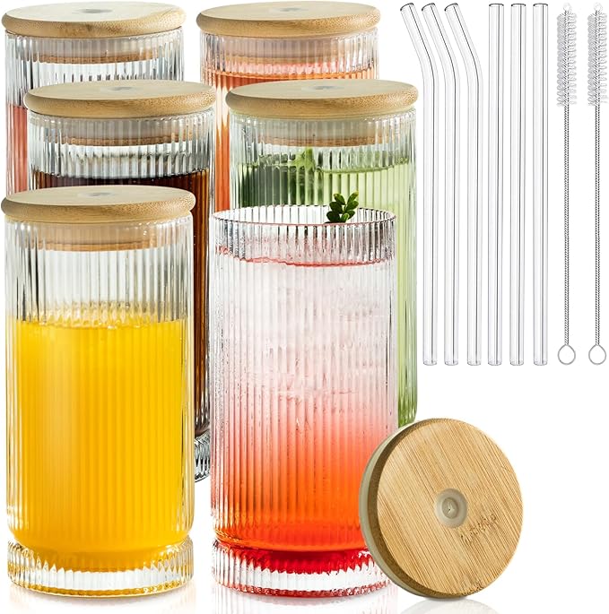 Vintage-Style 16oz Tall Drinking Glasses: Set of 6 Ribbed Glassware with Lids and Straws - Perfect for Cocktails, Smoothies, Juice, Beer, and Coffee - Versatile Design for All-Occasions (6Pcs)