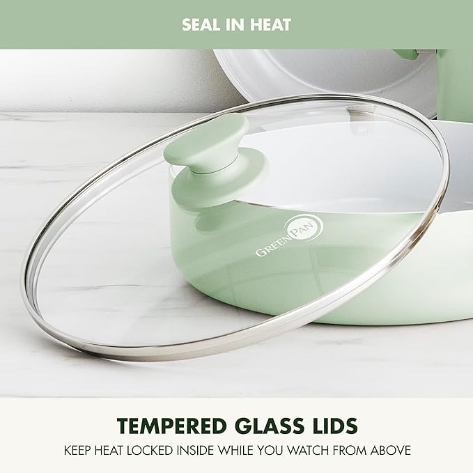 GreenPan Dover Healthy Ceramic Nonstick, 12 Piece Cookware Pots and Pans Set, PFAS-Free, Dishwasher Safe, Comfort Grip Handle, Pastel Green