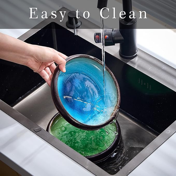 Ceramic Dinner Plates Set of 4, 8 Inch Large Porcelain Pasta and Salad Plates, Stoneware Plate Set for 4, Handmade Round Dishes for Home Decor, Microwave,Oven,and Dishwasher Safe, Blue