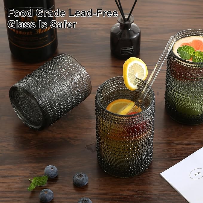 Vintage Hobnail Drinking Glasses Set of 8,Grey 12 oz & 15oz Highball Glass Cups, Kitchen Drinkware Glassware,Embossed Water Tumbler,for Beer,Cocktail,Whiskey,Juice and Various Mixed Drinks