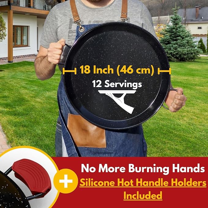Paella Pan – Enamelled, No-Rust Steel Skillet – Perfect for Propane & Gas Burners – Indoor & Outdoor Cooking Cacerola Paellera Sarten – 18 Inch, for 12 Servings