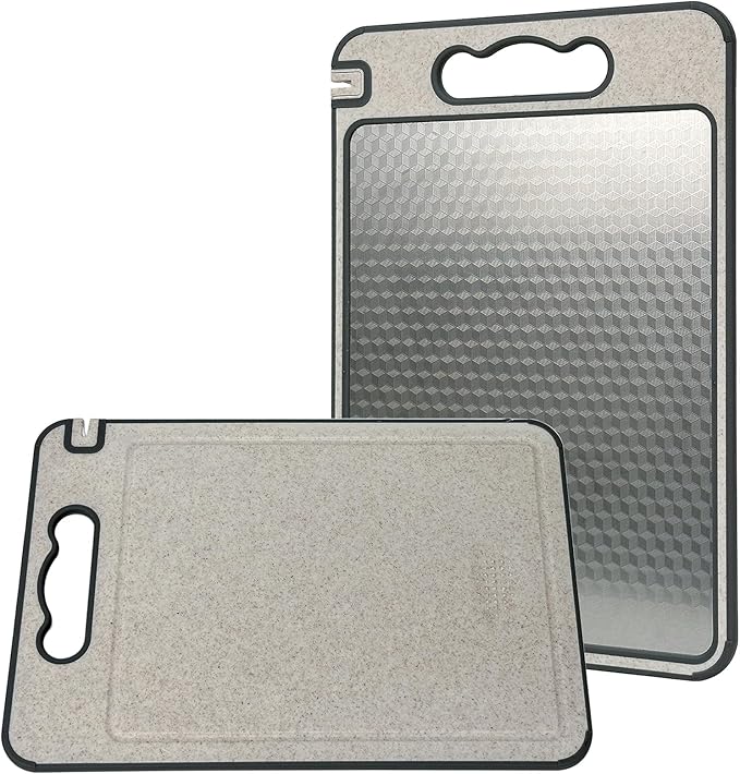 MAN-PC Cutting Board for Kitchen Double Sided 304 Stainless Steel Chopping Board Food-Grade Stainless Steel and Wheat Straw PP Samll Size 14’’×9.6’’ Easy to Clean