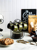 YHOSSEUN Ceramic Espresso Cups Set of 6, 4 Oz Expresso Shots Cup with Stand, Saucers & Spoons, Small Coffee Cup for Double Espresso, Mocha and Tea, Green