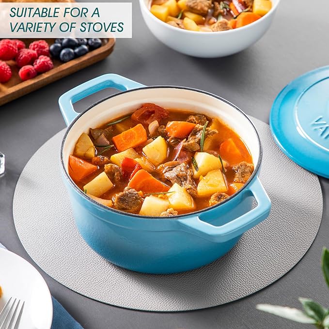 vancasso Enameled Cast Iron Dutch Oven, 2.5 QT Blue Naturally Non-Stick Casserole Dish Cookware, with Stainless Steel Knob Lid Cast Iron Casserole for Steam Braise Bake Broil Saute Simmer Roast