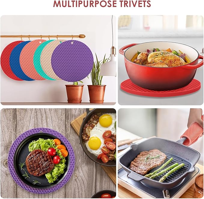 6 Pack Silicone Trivets for Hot Pots and Pans, 9" Colorful Silicone Trivet for Hot Dishes, Extra Large Non-Slip & Heat Resistant Hot Pads for Kitchen Counter(Colors)