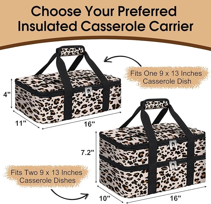Insulated Casserole Carrier, Portable Casserole Carrier for Hot or Cold Food Lunch Tote Warmer or Cooler Bag, Lasagna Lunch Bag for Potluck Parties- Fits 9" x 13" Baking Dish-Leopard