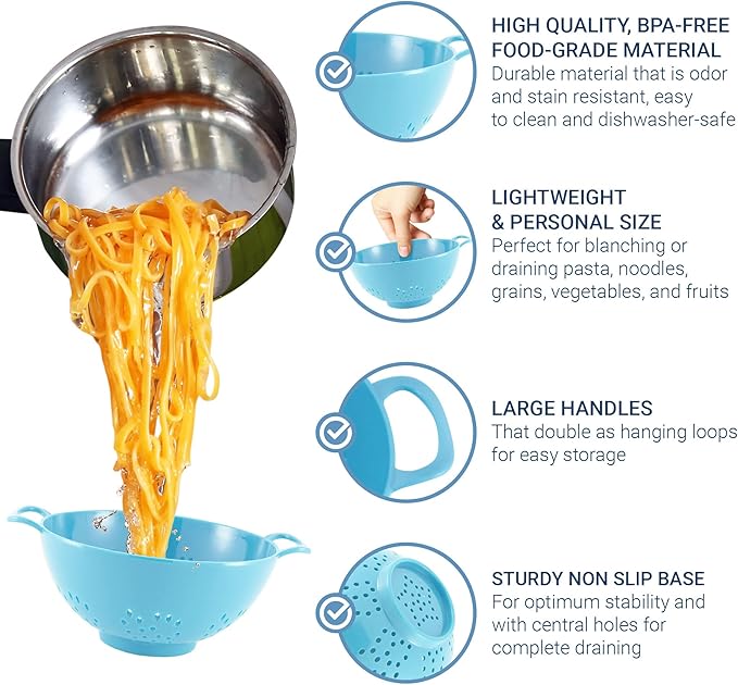 Meadow Lane 6-inch Small Colander, BPA-Free, Dishwasher Safe, Double Handles, Compact Food Strainer for Berries, Veggies and Pasta, 3-Cup Capacity, Light Blue
