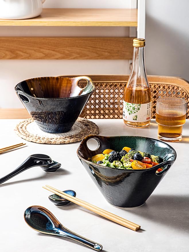 HENXFEN LEAD Japanese Ramen Noodle Bowl Set of 2-30 Oz Large Porcelain Salad Bowls with Chopsticks, Soup Spoons and Rests, Kitchen Serving Dishes for Pho, Udon