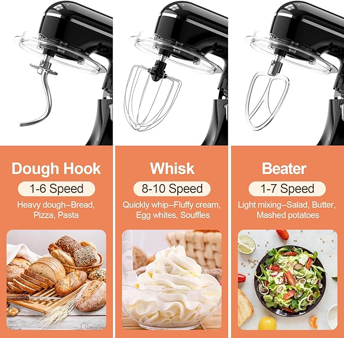 3-IN-1 Electric Stand Mixer, 6.5QT Bowl 660W 10-Speed Kitchen Mixer, Household Food Mixers include Dough Hook, Beater and Whisk, Bread Cake Mixer for Baking and Most Home Cooks, Black