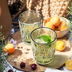 Joeyan Green Vintage Drinking Glasses,Embossed Small Water Glass Tumbler with Floral Design,11oz Colored Decorative Glassware for Beverages Juice Whisky Cocktail Beer Wine,Set of 6,Dishwasher Safe