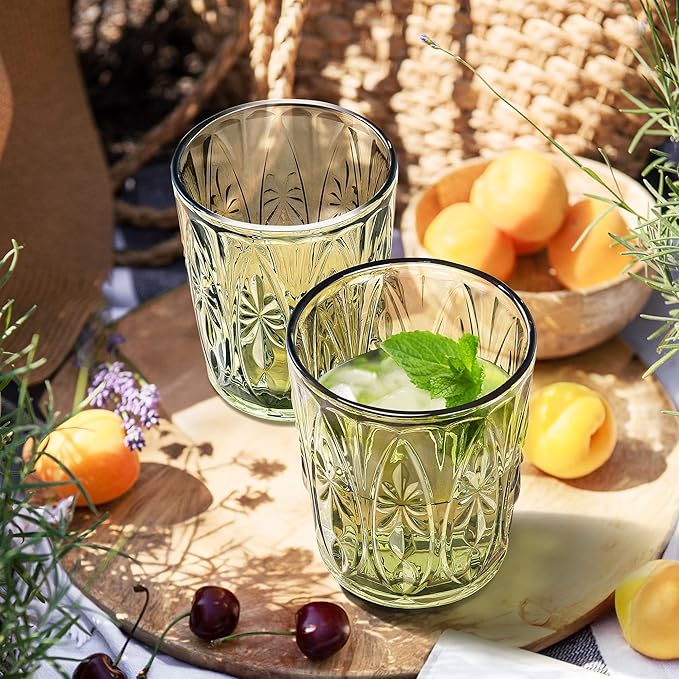 Joeyan Green Vintage Drinking Glasses,Embossed Small Water Glass Tumbler with Floral Design,11oz Colored Decorative Glassware for Beverages Juice Whisky Cocktail Beer Wine,Set of 6,Dishwasher Safe