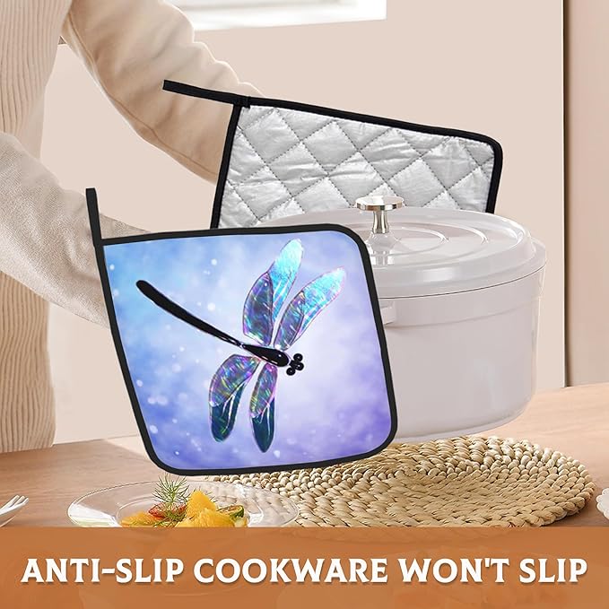 2PCS Dragonfly Pot Holder with Loop,Fantasy Dragonfly Heat Resistant Oven Pads, Hot Pat for Kitchen Cooking Baking Food