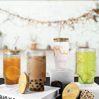 4 Pcs 16 oz Glasses Cups Set with Bamboo Lids Straws Brush Ribbed Vintage Aesthetic Glassware Set for Tea Iced Coffee Beer Cocktail Whiskey