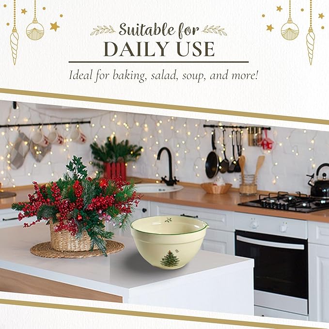 Spode Christmas Tree Mixing Bowl with Spout, 2-Quart Batter Bowl with Pour Spout, Measures 9-Inches, Holiday Serving Dishes, Dishwasher and Microwave Safe