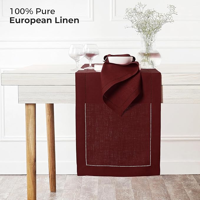 D'Moksha Homes Linen Dark Red Table Runner 60 Inches - Classic Hemstitch, 100% Pure Linen Coffee Table Runner 14 x 60 Inch Ideal for Dresser Tables - Summer, Fall and Halloween