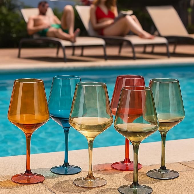 European Style Plastic Crystal, Stemmed Wine Glasses | Set of 6 | Acrylic Tritan Drinkware, Unbreakable Muted Color Shatterproof BPA-free, Reusable, Floating Pool & Indoor & Outdoor, Hand Wash 15oz