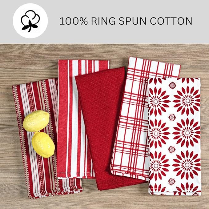 Assorted Kitchen Towels 100% Cotton Large 16x26 Inch Set of 5 - Soft Highly Absorbent Durable Reusable - Perfect for Drying Cleaning Everyday Kitchen Use - Quick Drying Dish Towels Red