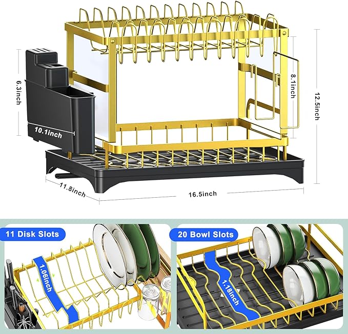 Dish Drying Rack Gold, Multifunctional Dish Racks for Kitchen Counter with Drainboard 2 Tier Dish Drainer Large Capacity for Knifes/Cup/Cutting Board