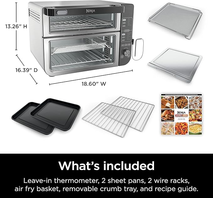 Ninja DCT451 12-in-1 Smart Double Oven with FlexDoor, Thermometer, FlavorSeal, Smart Finish, Rapid Top Convection and Air Fry Bottom , Stainless Steel