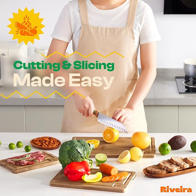 Riveira Brown Bamboo Wood Cutting Board – Gourmet Bamboo Grandeur: 20 x 30 Wooden Cutting Board – Wooden Cutting Boards For Kitchen Decorative – Innovative Juice Grooves Wooden Chopping Board