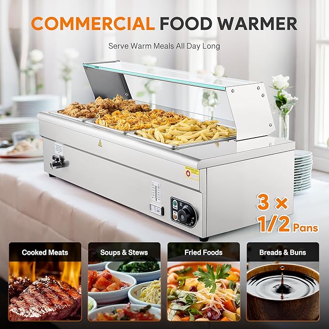 WILPREP 3-Pan Commercial Food Warmer with Sneeze Guard, Three 1/2 Pans, 1500W Countertop Electric Steam Table, 86-185°F Adjustable Temp Control, Stainless Steel Buffet Bain Marie