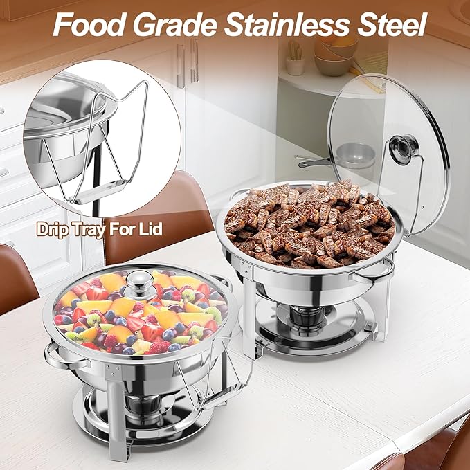 2 Packs Chafing Dish Buffet Set,8QT Round Glass Cover Stainless Steel Buffet Servers and Warmers, Thick Stand Frame Catering Chafe with Mirror Covers,Food Warmer for Party, Weddings,Picnic