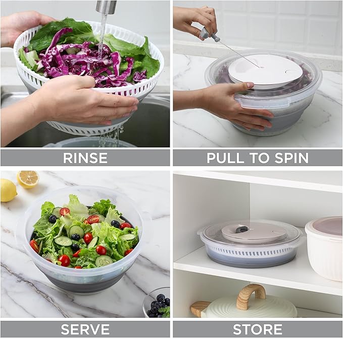 COOK WITH COLOR Collapsible Salad Spinner - 4 QT Space Saving Lettuce Dryer with Folding Collapsible Colander Great for Washing and Drying Fruit and Vegetables (Grey)