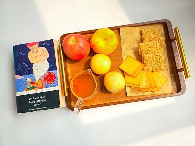 Bamboo Serving Tray with Gold Handles - Large Wood Serving Tray for Breakfast in Bed, Coffee Table, Dinner & bar - Decorative Bed Table Tray for Kitchen or Bedroom（14" x 9.5" x 2"）