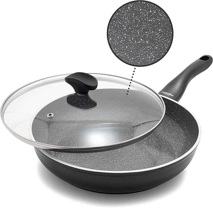 Rigoletto 3.1QT Nonstick Sauté Pan & Lid, Made in Italy, Vesuvio Layered Ceramic PFAS-Free Surface, Induction Ready, Dishwasher & Metal Utensil Safe, Granite Finish, Stay-Cool Handle, Black