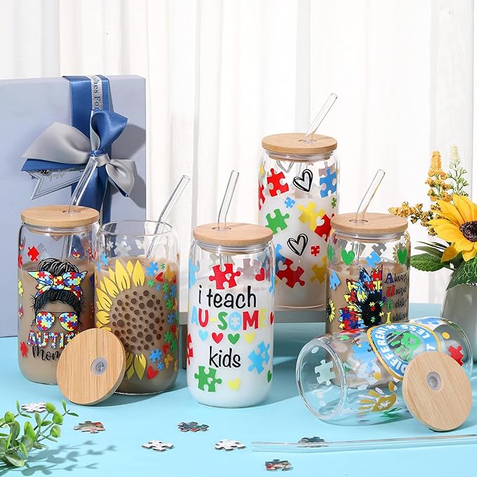 6 Pcs Autism Mom Gifts Tumbler 16 oz Autism Awareness Glass Cups with Lids and Straws Can Shape Autistic Iced Coffee Cup for Autistic Mom Teacher