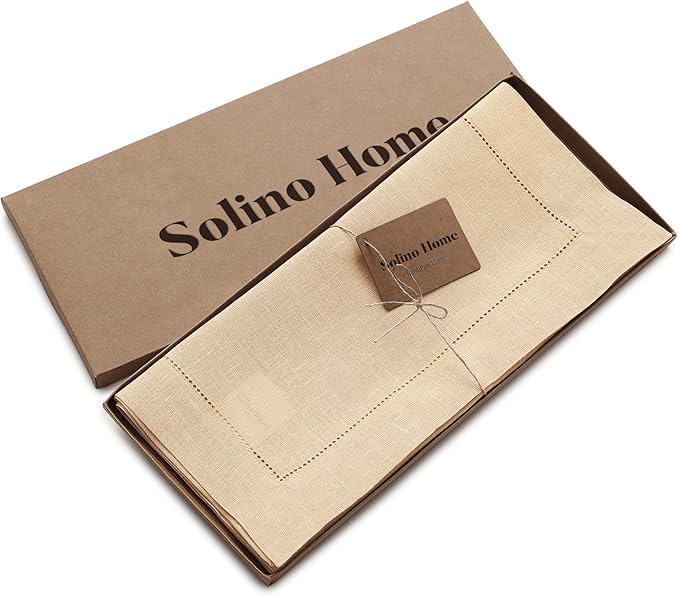 Solino Home Linen Beige Table Runner 120 Inches Long - 100% Pure Linen 14 x 120 Inch Table Runner for Summer, Fall, Autumn - Classic Hemstitch