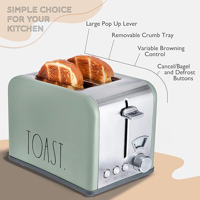 Rae Dunn Toaster, Stainless Steel 2 Slice Square Toaster, Wide Slot with 5 Browning Levels, with Bagel, Defrost and Cancel Options (Sage)