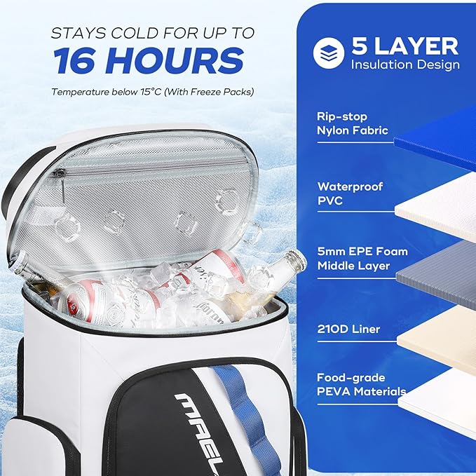 Maelstrom Backpack Cooler,36 Can Cooler Backpack,Soft Cooler Bag Insulated Leakproof,Lightweight Ice Chest Backpack,Travel Cooler Lunch Backpack for Camping,Hiking,Beach,White