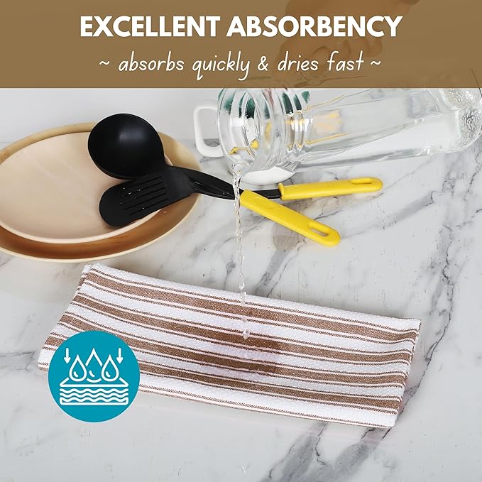 Native Fab Stripe Kitchen Towel - 4 Pack - Basket Weave 100% Cotton Dish Towels - 16x26 inches - Absorbent Towels for Cleaning, Quick Drying, Washable Dish Cloths with Hanging Loop - Brown