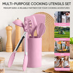 Herogo Silicone Cooking Utensils Set, 7-Piece Kitchen Utensils Set, Heat Resistant Cooking Gadget Tools Slotted Turner, Spoon, Soup Ladle, Pasta Server, Spatula, Tongs for Nonstick Cookware, Pink