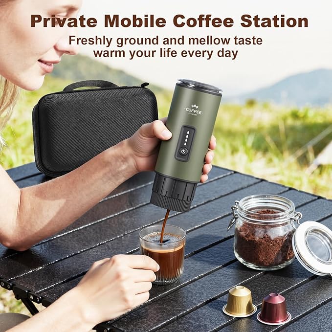 Portable Espresso Maker, 3 in 1 Coffee Maker Set with Carrying Bag and Coffee Stand, Coffee Machine Works with Ground Coffee & Capsule Pod, Self-Heating Brewer with USB-C for Travel, Hiking, Office