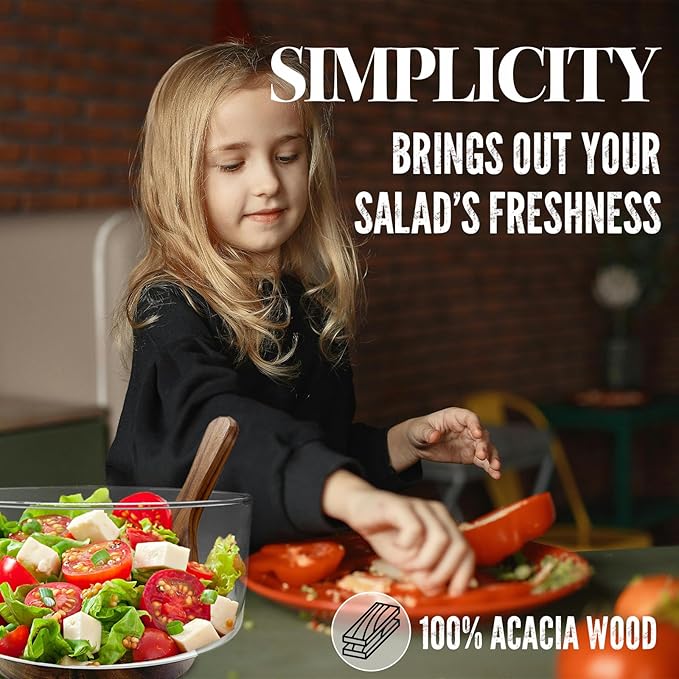 Premium Large Glass Salad Bowl Set with Acacia Wood Base and Serving Utensils - Ideal for Hosting Parties, Host Family Gatherings, and Everyday Use - Elegant, Durable, and Practical Kitchen Essential