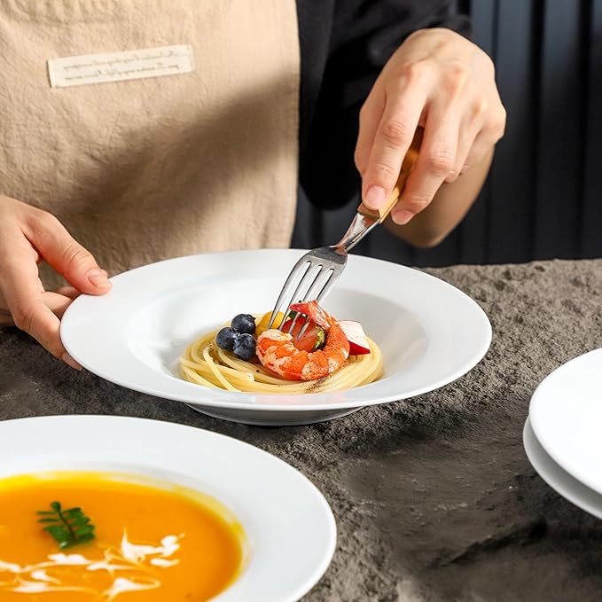 Ceramic Soup Bowls Shallow Plates, Halloween 4 Pack White Dinner Bowls Plates, Porcelain Wide Rim, 8.5 Inch (8.5 oz) Shallow Bowls Ideal for Soup Dessert Salad and Pasta, Microwave and Dishwasher Safe
