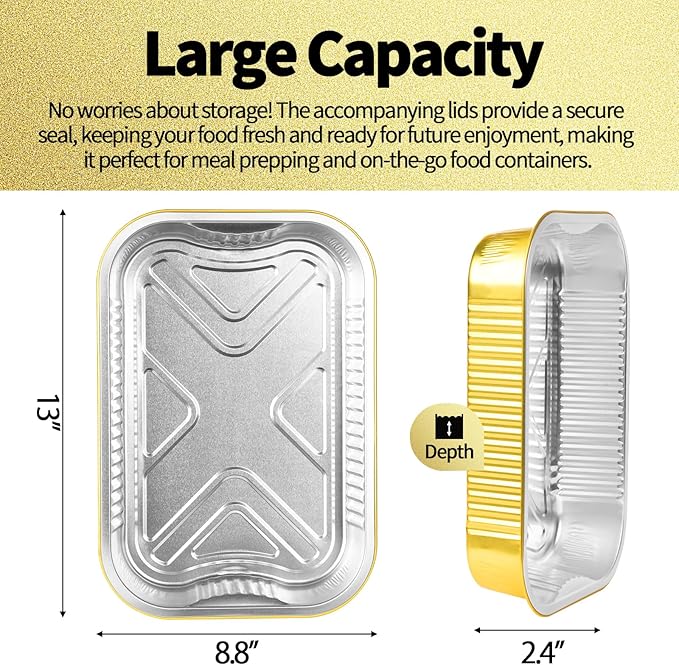 15 Pack Heavy Duty Aluminum Foil Pans with Lids 9x13, Gold Aluminum Foil Baking Pan Half Size Double Thick Tin Foil Food Container with Lids for Baking, Meal Prep, Freezer and Takeout