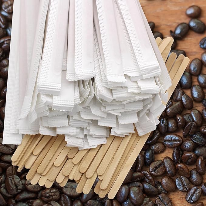 200PCS 5.5 in Individually Wrapped in Paper Wooden Coffee Stirrers, A+++Level Smooth Rounded Edges Wood Sticks for Daily Use or Other DIY Craft Design (200pcs)