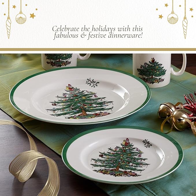 Spode Christmas Tree 10.5" Dinner Plate - Festive Holiday Stoneware Plate with Christmas Tree Design, Green Bordered Edges, Microwave, Dishwasher, Freezer, Oven Safe - Collectible Holiday Tableware