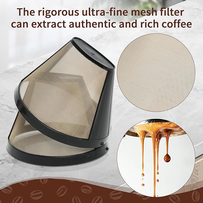 2pcs Reusable Cone Coffee Filters for Cuisinart Coffee Makers+ 4 Silicone Coasters，Compatible Ninja coffee filter, 10-12 Cup, #4 Style Gold coffee filter basket