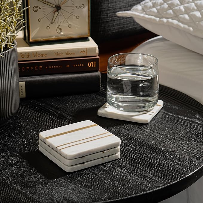 Cork & Mill Marble Coasters Set of 6 - Real Natural Stone - Luxury Aesthetic Square Coasters - Neutral White Marble with Gold Brass Inlay - Semi Absorbent Stone